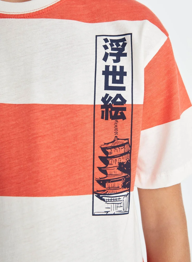 ديفاكتو تيشيرت قصير بأكمام قصيرة مخططة بياقة دائرية